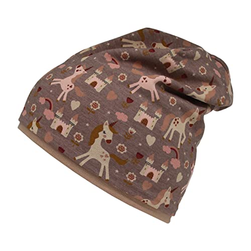 Mädchen Mütze Beanie Übergangsmütze Stoffmütze Zwillinge Waldwiese Einhorn, Größe: 54/56, Farbe: braun/rosa Cover