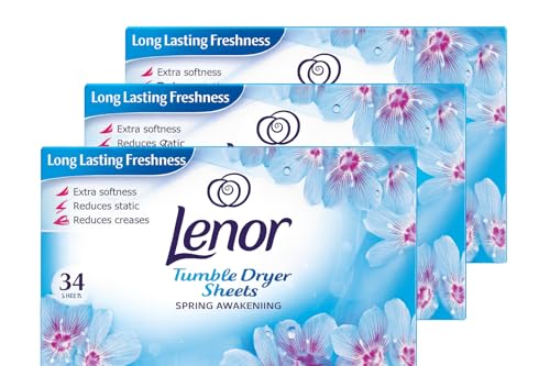 Lenor 3 Pack Fabric Conditioner Dryer Sheets Spring Awakening 34 Sheets Each | Long-Lasting Fresh Floral Scent | Reduces Static Cling | Softens Fabrics | Tumble Dryer Freshness Booster