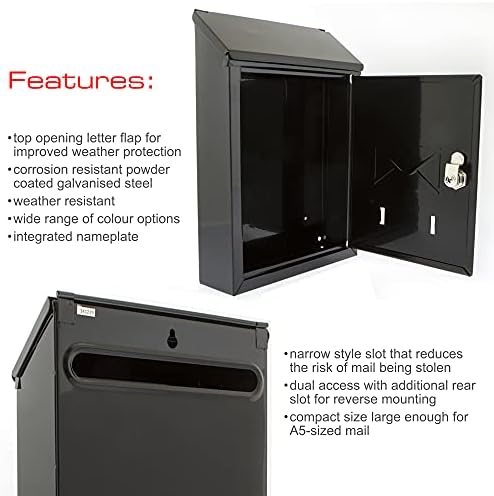 Sterling MB09BK Burg Wächter Avon Rear Entry Wall Mounted Galvanised Steel Lockable Weatherproof Post Box - Black - 214 x 304 x 70 mm