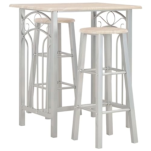 Kaloriko Ensemble de bar 3 pièces en bois et acier avec 1 table, 2 tabourets de bar chêne et gris, peu encombrant, pour jardin et bar, avec cadre en métal solide et possibilités d'assise confortables