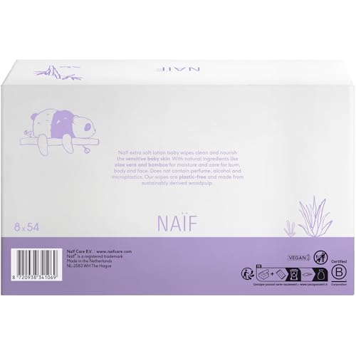 NaïF - Salviette Umidificate Senza Plastica, 432 Pezzi (8 X 54 Salviettine Umidificate), Per Babypo, Corpo E Viso, Ingredienti Naturali - 2