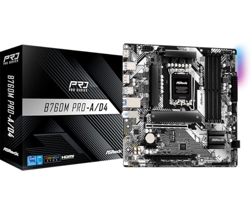 ASRock B760M Pro-A D4 Micro ATX Motherboard Intel 14th/13th/12th Gen 7+1+1 Dr.MOS DDR4 5333+ (OC) PCIe 4.0 2.5G LAN Dual M.2