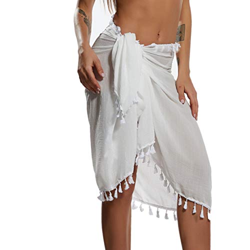 Image of Eicolorte Beach Sarong Pareo Womens Semi-Sheer Swimwear Cover Ups Short Skirt with Tassels
