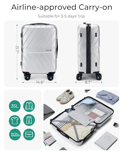 Image of BAGSMART Carry On Luggage 22x14x9 Airline Approved With TSA Lock, 1OO% Polycarbonate Hardside Luggage with Spinner Wheels,Durable Hard Shell Carry On Suitcase 20 inch Silver