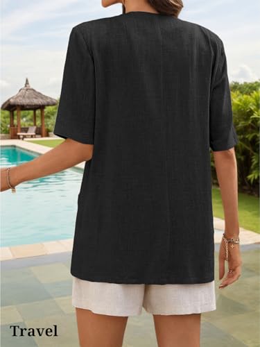 Mina Self Short Sleeve Linen Blazer Women 2025 Summer Lightweight Breathable Collarless Beach Vacation Jacket with Pockets2