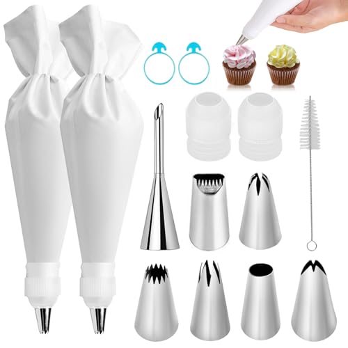 14-Piece Reusable Piping Bags and Tips Set- Cotton Baking Kit with Coupler, Stainless Steel Nozzles,Silicone Cable Ties& Cleaner for Cakes/Cupcakes/Cookies Decorating (14)