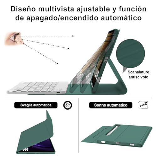 Funda teclado Samsung Galaxy Tab S9 FE y S10 FE con teclado Bluetooth inalámbrico español Ñ verde 5