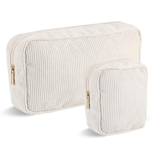 Kosmetiktaschen für Frauen Kleine, Kleine Kosmetiktasche, Cord Schminktasche, Make up Tasche Mit Fächern und Reißverschluss, Reise Kosmetiktaschen, 2 Stücke Beige Kosmetiktasche