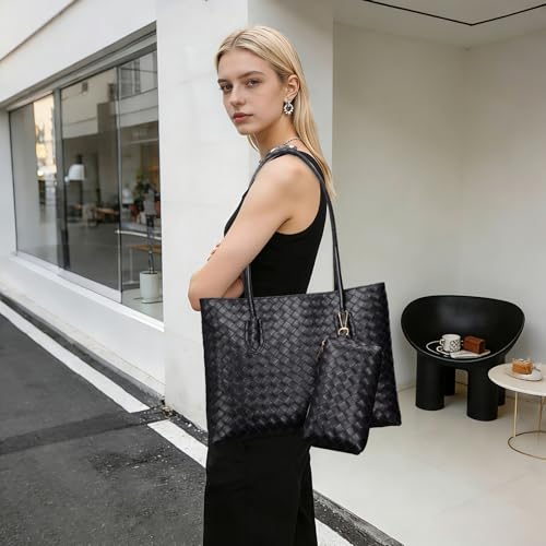 Bolsa Tote Tejida para Mujer, Cuero Vegano con Cierre y Estuche miniatura 2