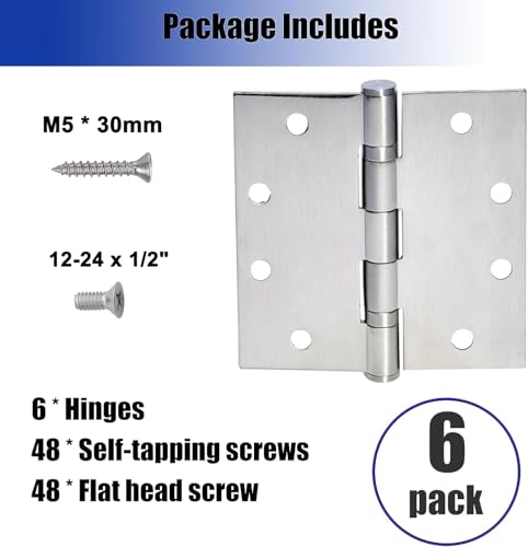 6-Pack 4.5 inch X 4.5 inch Heavy Duty Commercial Door Hinge Thickened, with Silent Steel Plain Ball Bearing, Thickness 3 mm Stainless Steel Door Hinges, Square Corners with 48 Screws, Silver - Thumbnail 4