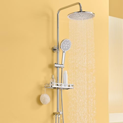 Auralum Shower Riser Rail Kit with 10 Rainfall Shower Head High Pressure 4-Mode Handheld & No-Drill Soap Dish 68-108cm Adjustable Shower Rail Rain Shower Set (Without Mixer) for UK Bathrooms