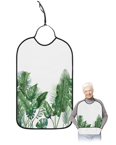LEOKOTI Green Palm Leaves Botanical Adult Bibs for Eating, Waterproof Bibs with Food Catcher & Adjustable Snap Closure, Summer Tropical Washable Clothing Protectors Adult Bibs for Elderly