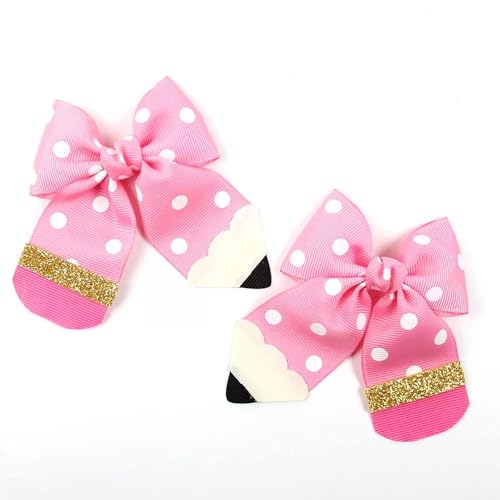 Back to school hair bows for girls, pink polka dot pencil bow clips alligator hairpins barrettes for kids uniform decor accessories gift (N)