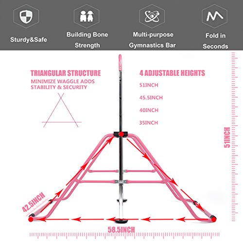 DOBESTS Gymnastics Bar Equipment for Home for Kids Height Adjustable Junior Training Kip Bars for 3-7 Years Old Children Indoor Outdoor (Pink)