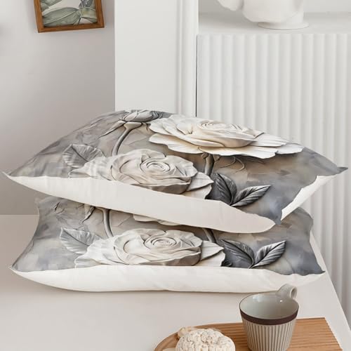 Image of QOOMO Flowers Comforter Set, Twin Size, Gray | Cartoon Plants Bedding, Microfiber Lightweight, 1 Comforter 2 Pillowcases