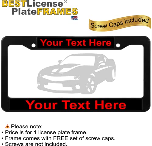 Abs Plastic Black Personalized With Custom Text Design Laser Engraved Standard Size (6”X12”) - Car/Automobile License Plate Frame With Free Caps - Black/Red Text (Qty: 1 Frame) #TOP1