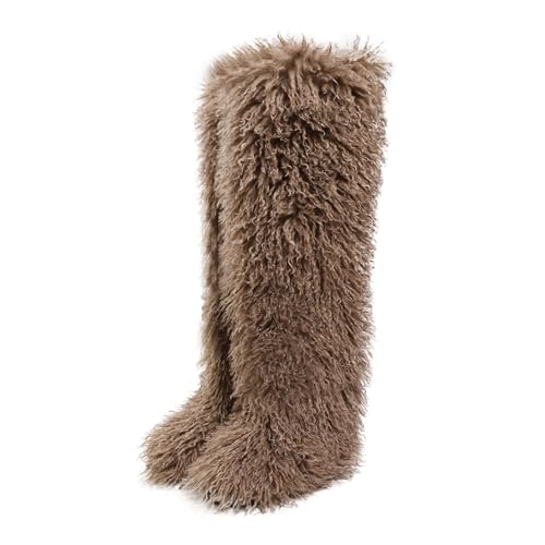 YFJNV Black Thigh High Fur Boots, Over the Knee Fluffy High Boots, Tall Furry shoes for Women