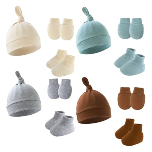 WISREMT 4 Pack Newborn Baby Hat Mittens and Socks Sets Preemie Knot Beanie Hat No Scratch Mittens Socks for Infant Boy Girl