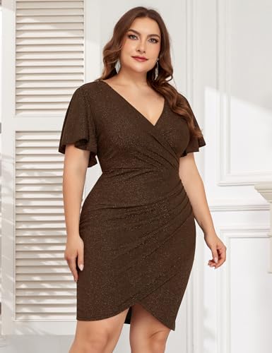 Image of ZOMVA Plus Size 0X-4X Sparkly Glitter Ruched Bodycon Mini Dress Sparkle Sequin Wrap Ruffle Sleeve Dress Cocktail Party Formal