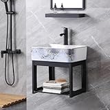 WYRNOBRX Weiß Waschbecken Wandmontage Keramik Waschtisch Mit Halterung Hängewaschbecken Rechteckig Waschschale Mit Warm- Und Kaltwasserhähnen Handspülbecken Klein Gäste WC,M,L19 H20 W15