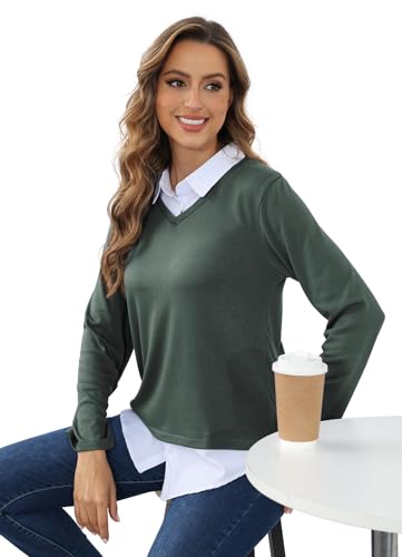 MISS FORTUNE Women's V-Neck Fall Winter Sweater Collar 2 in 1 Casual Long Sleeve Patchwork Office Pullover Shirts 2025