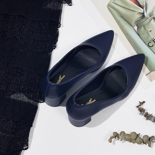 GENSHUO Women's Closed Toe Heels Low Chunky Block Dress Pumps Shoes Comfortable Slip On Pointed Toe Heel Work Wedding Office Evening Walking Party4