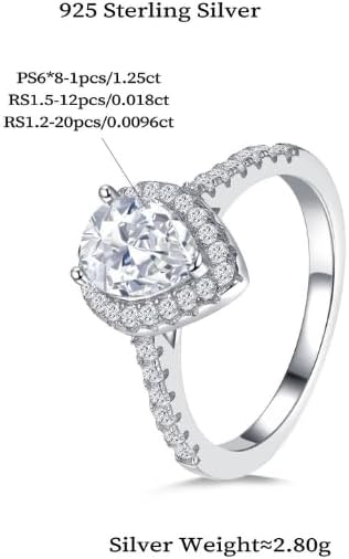 925 Sterling Silver White Gold Plated Pear Cut Moissanite Halo Ring, 1.25ct, Wedding and Anniversary