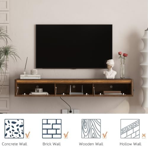 Floating TV Stand Wall Mounted Media Console with LED Light Strip & Power Outlet, Modern Wooden TV Shelf with 3 Power Sockets & 2 USB Ports, Wall Hanging TV Cabinet with Storage for Living Room,