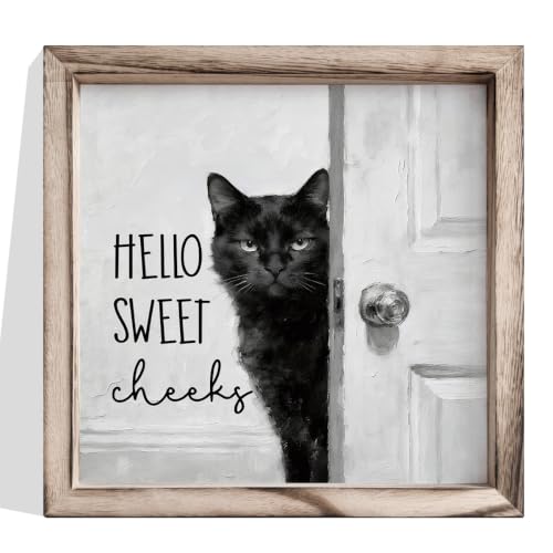 Hello Sweet Cheeks Black Cat Sign, Wood Framed Farmhouse Bathroom Decor