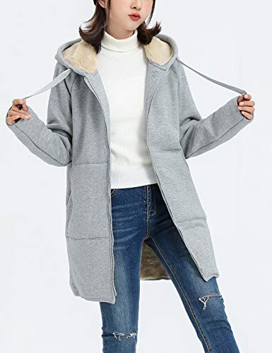 Gihuo Women's Winter Sherpa Lined Long Zip Up Hooded Sweatshirt Coat (Grey, Large) #TOP2