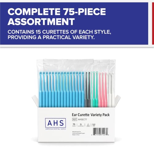 Image of American Hospital Supply Disposable Ear Curettes, Ear Wax Removal Tools, 5 Color-Coded Tip Styles for Adults and Children, Pack of 75 or 15 of Each Tip Style