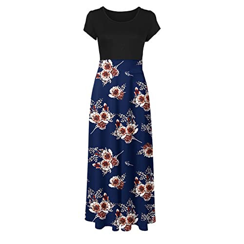 A-980 Vestido feminino azul-marinho manga curta rosa floral gráfico vestido solto para senhoras gola