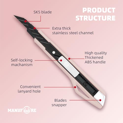 Image of MANUFORE 5pcs 9mm Snap-off Knives with 30-Degree Precision Blade | Pink, Safety Auto-lock, 30-Degree Sharp Blade, Lightweight Portable, Retractable Film Cutting Knife for Paper, tint, decals