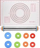 Rolling Pin and Silicone Baking Pastry Mat Set, Stainless Steel Dough Roller with Adjustable Thickness Rings, for Pizza, Pie, Pastries, Pasta, Cookies (Red)