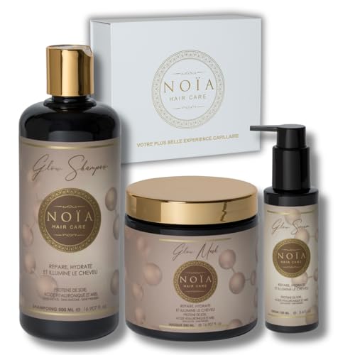 NOÏA HAIR – Trio Capillaire Professionnel GLOW – Shampoing 500ml +Masque 500ml + Sérum 100ml – Hydratation & Brillance – Acide Hyaluronique – Cheveux Secs, Ternes ou Déshydratés