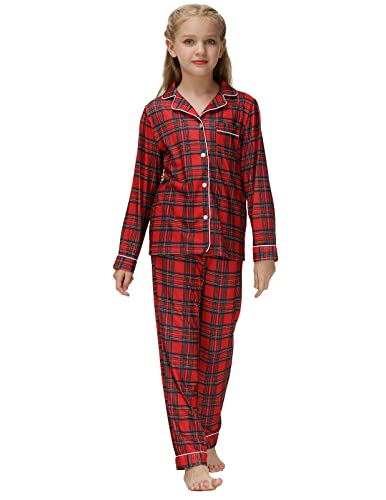 Ensemble de pyjamas de Noël pour petites filles et garçons T-shirt à manches longues haut boutonné + pantalon à carreaux Vêtements de nuit pour enfants Pjs de Noël 2 pièces, 130, Red1, 7-8 ans