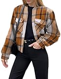 Zeagoo Cropped Bomber Jacket Womens Flannel Wool Blend Plaid Zip Up Shirt Fashion Winter Shacket Coat Khaki XL