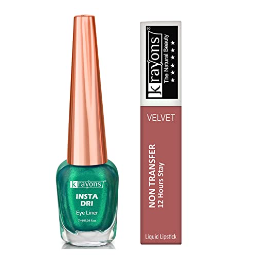 Image of Krayons Insta Dri Sparkling Eyeliner, Green, 7ml And Power Stay Nontransfer 12hrs Stay Matte Liquid Lipstick, Wow Nude, 4ml