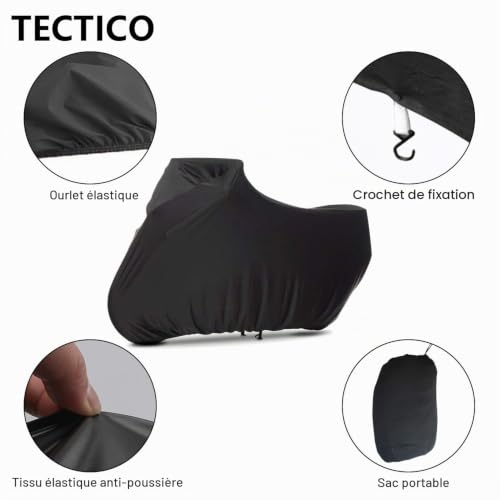 TECTICO Housse de Moto Housse de Moto élastique Respirant Anti-Rayures Anti-Rayures Résistant à la Chaleur Soleil intérieur Protection UV, Noir, 295 x 110 x 140cm – vue 2