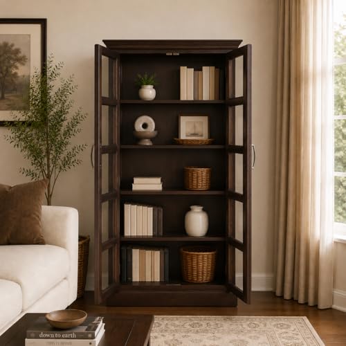 Image of The Attic Havenwood Wooden Bookshelf and Crockery Cabinet with Glass Door | Wooden Book Rack for Home Library, Study Room | Bookshelf Crockery Unit for Home & Kitchen Living Room | Walnut Finish
