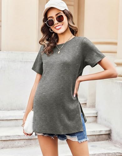 Ekouaer 3 Pack Oversize T-Shirts Damen Basic Kurzarm Tops mit Geteiltem Saum Umstandsshirt für Schwangere Grau + Burgunderrot + Ziegelrot L