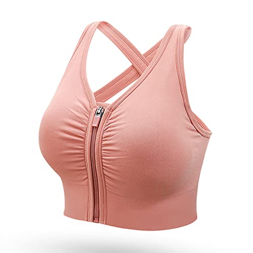 Front Zipper Sports Bra High Impact Support Workout Top Criss-Cross Back Padded Yoga Bras With Removable Cups Pink #TOP2