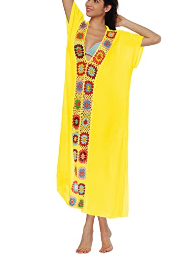 Bsubseach Women Mexican Embroidered Kaftan Dresses Deep V Neck Short Sleeve Beach Side Split Cover Up for Women Caftan Dress2