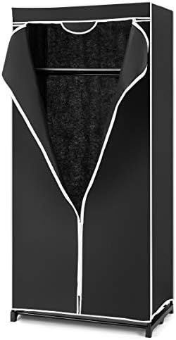 Multigot Fabric Wardrobe, Portable Single Clothing Closet with Hanging Rail and Zippers, Foldable Clothes Storage Organizer for Clothes, Bags and Toys (Black)
