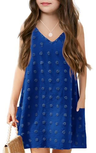 Image of Batermoon Girls Swim Cover Up V Neck Swiss Polka Dot Summer Beach Dress | Kids Cover-Ups, Sleeveless Vacation Swimwuits, Boho Cute Dresses with Pockets 4-14 Years