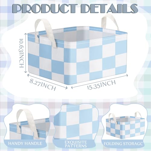 Image of Boao 3 Pcs Blue and White Checkered Storage Basket with Handle Cute Car Baskets Gingham Classroom Laundry Toy Storage Bin Organizer Canvas Plaid Hamper for Dormitory Home Nursery Bathroom Bedroom