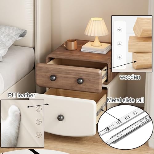 Stylish Bedside Table with 2 Drawers, Leather & Wood Nightstand, Compact Storage Cabinet for Living Room, Lightweight Design (White & Brown, 40cm)