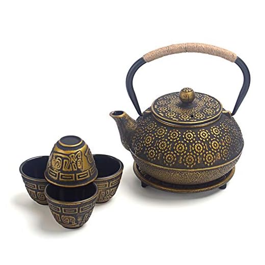 6 piece Japanese Cast Iron Teapot Tea Cup Set w/Trivet, Golden Cherry (30 oz)