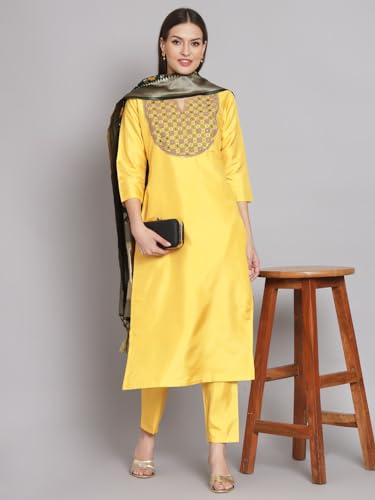 Image of VredeVogel Women's Cotton Silk Blend Kurta Pant Set with Banarasi Silk Dupatta