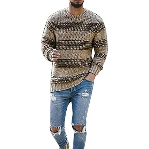 NRUTUP Mens Vintage Striped Pullover Sweater Casual O Neck Knitted Sweater Pullovers(Khaki,X-Large) Cover